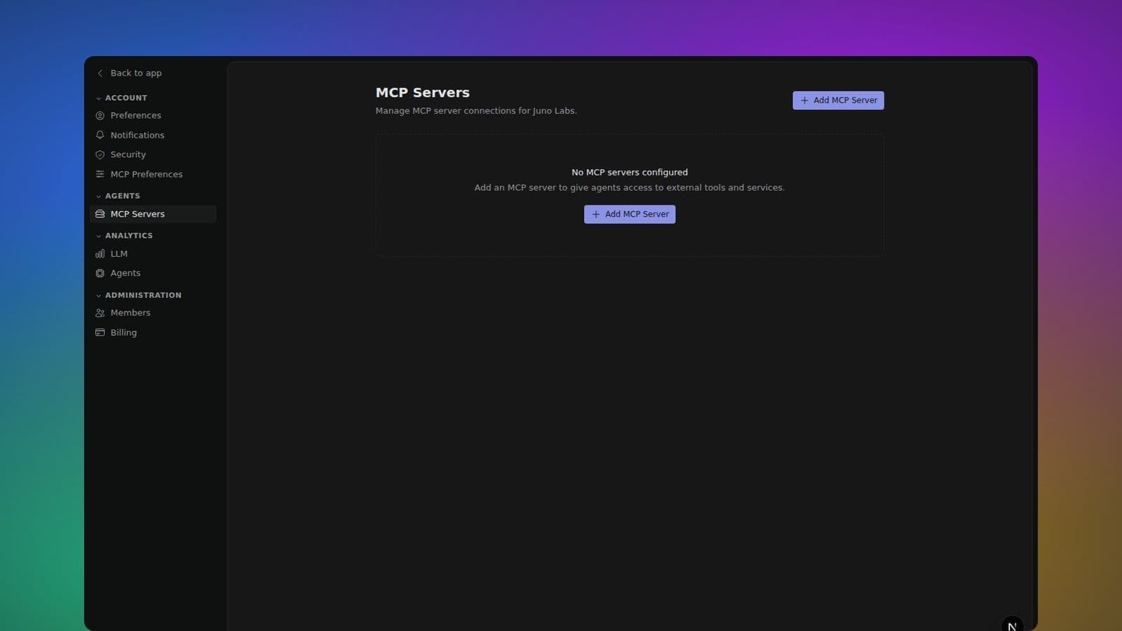 Integrations gallery showing connected MCP servers