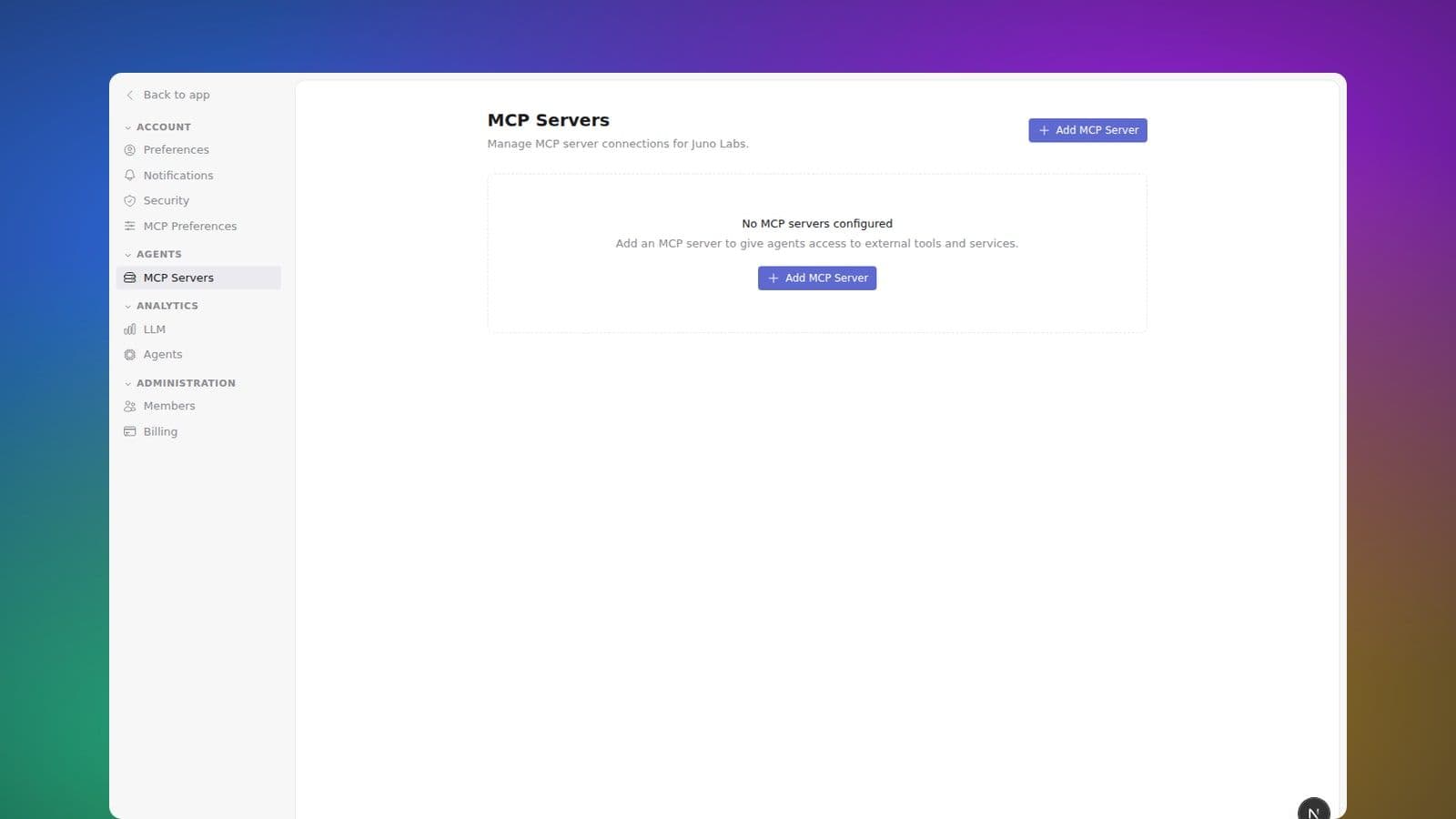 Integrations gallery showing connected MCP servers