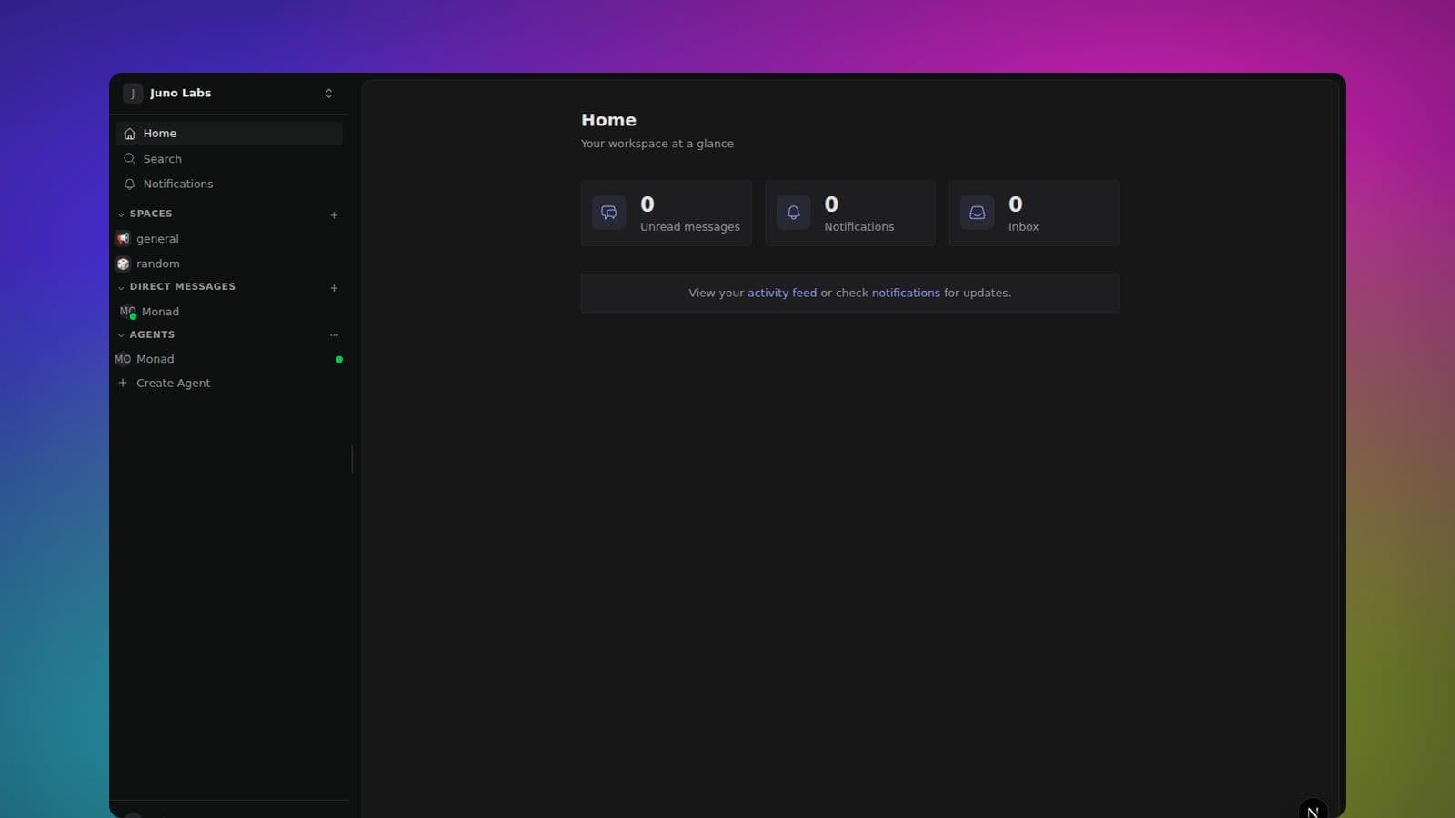 Monad workspace with the sidebar, an open space, and a canvas alongside the conversation