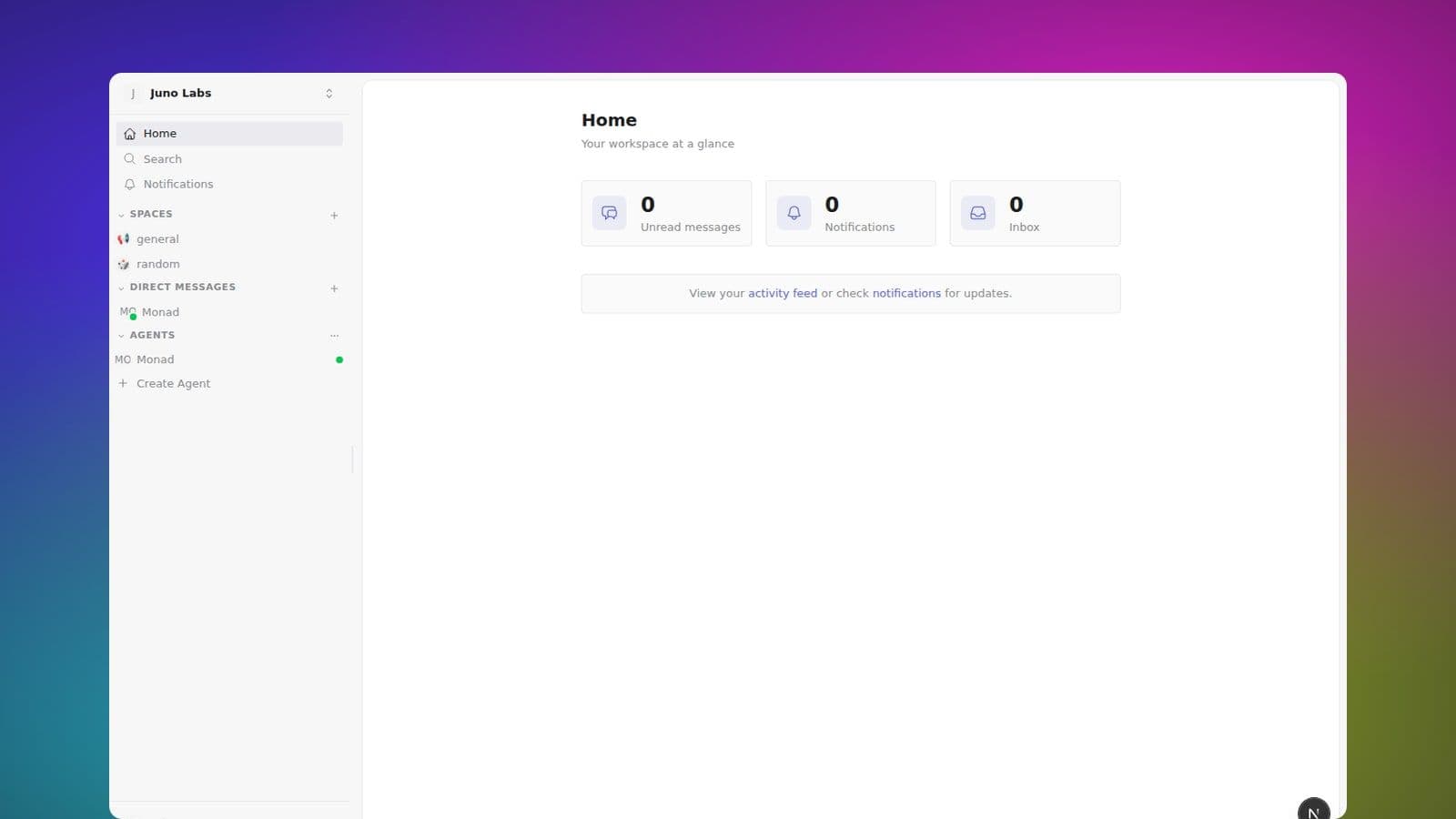 Monad workspace with the sidebar, an open space, and a canvas alongside the conversation