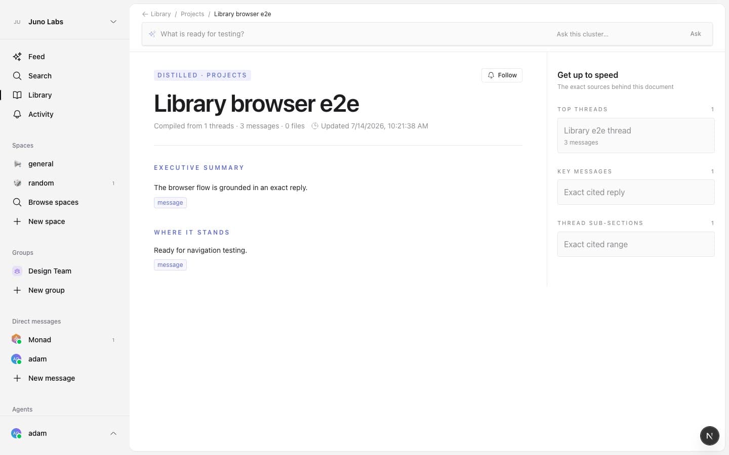 A grounded Library document with cited sections and its source rail