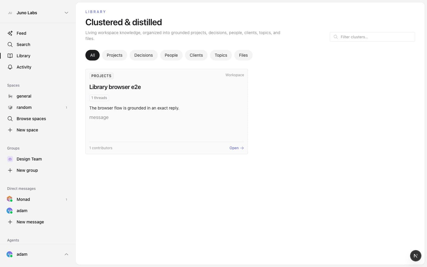 Library index showing a grounded project cluster card and audience controls
