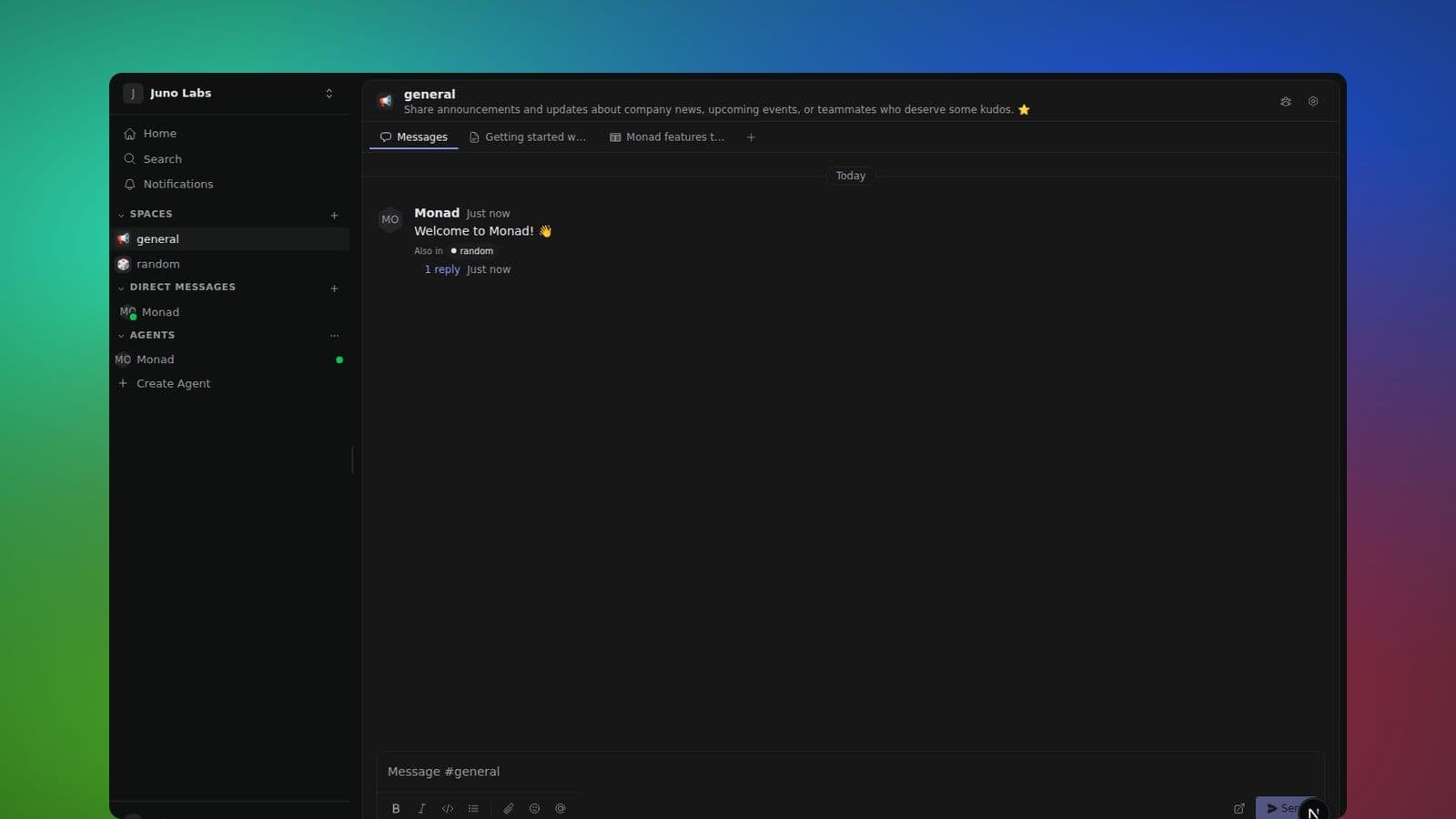 Message composer showing rich-text formatting, mentions, and a thread reply