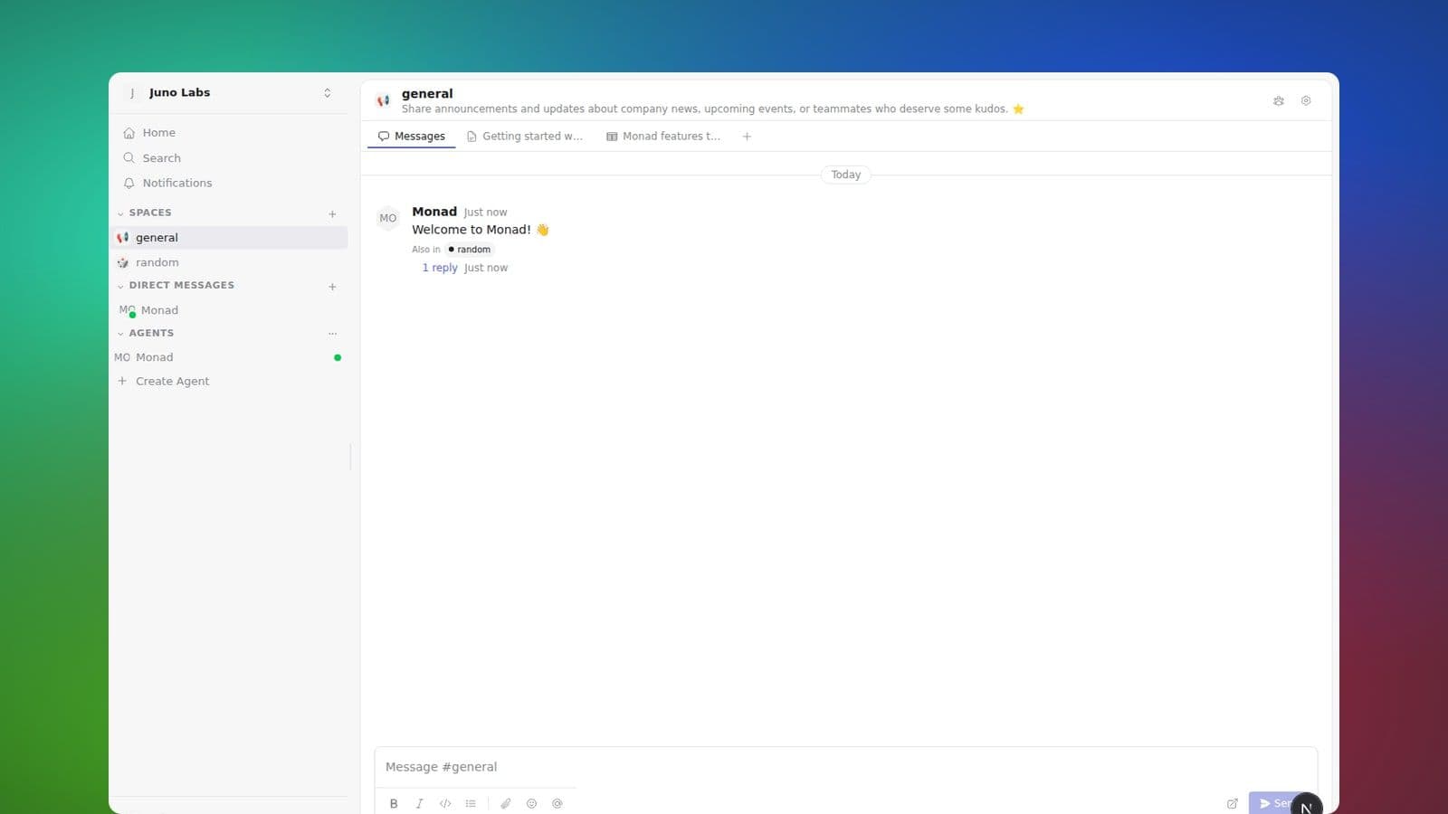 Message composer showing rich-text formatting, mentions, and a thread reply