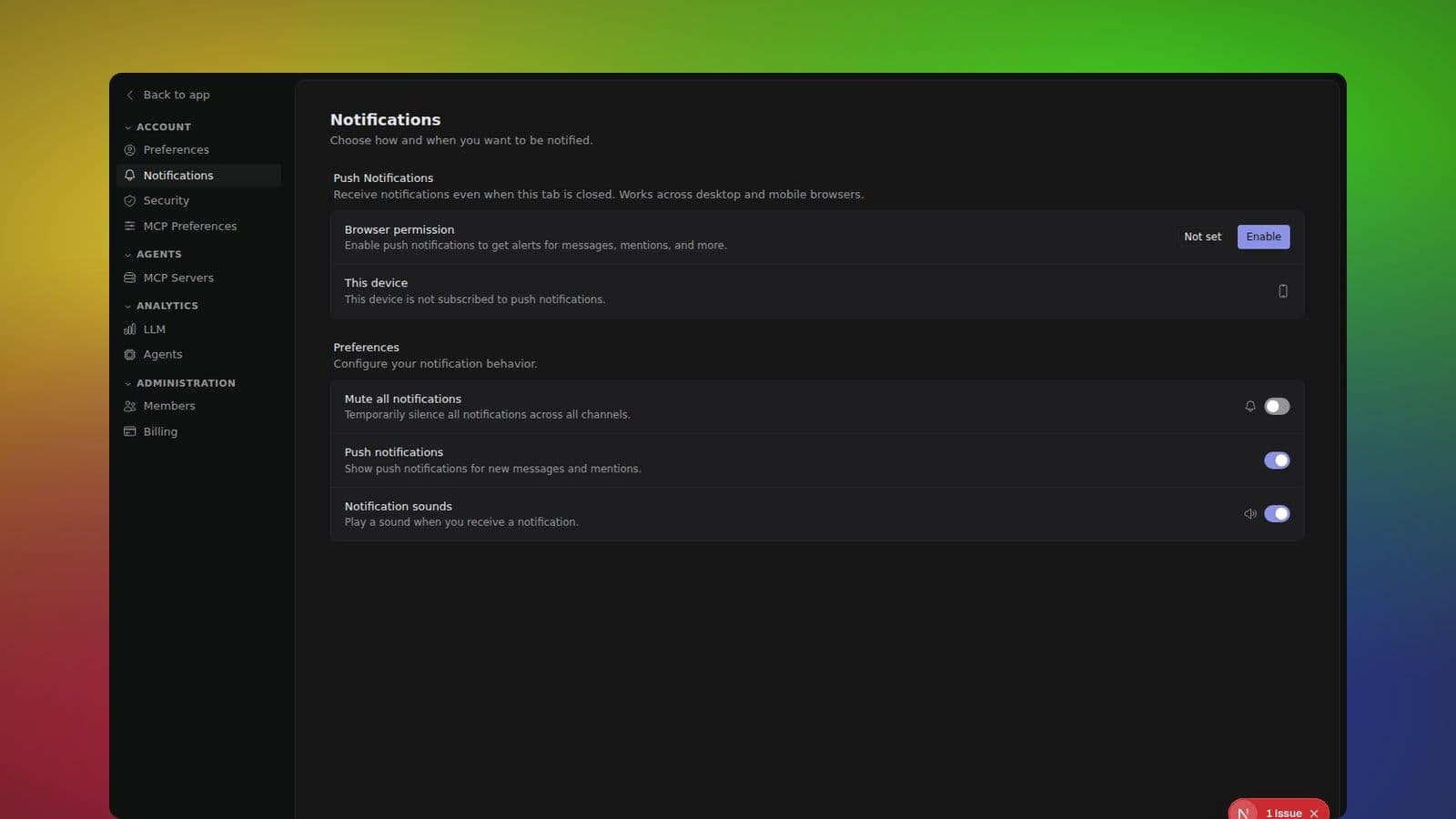 Notification preferences panel showing push, sound, and mute settings