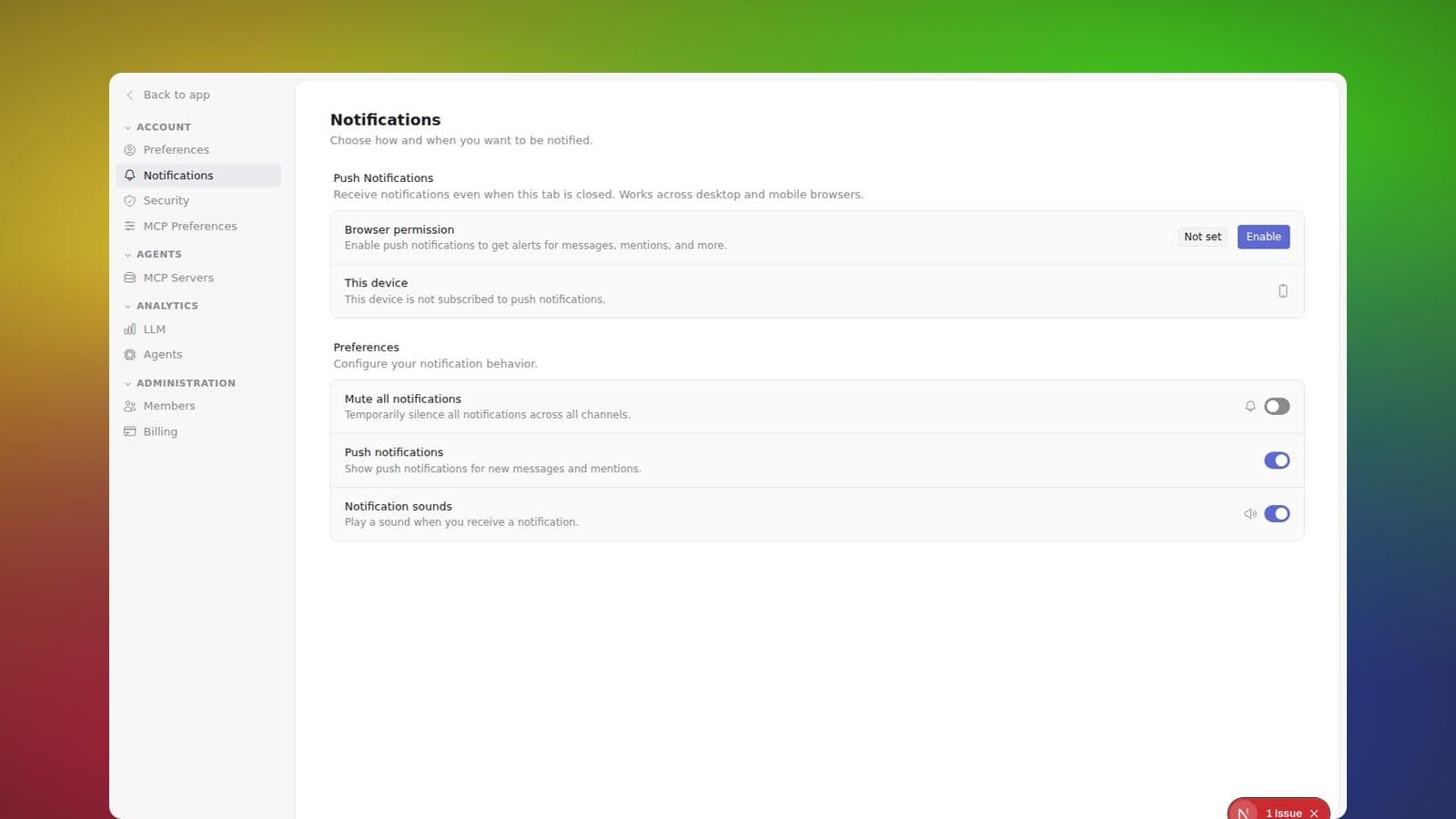 Notification preferences panel showing push, sound, and mute settings