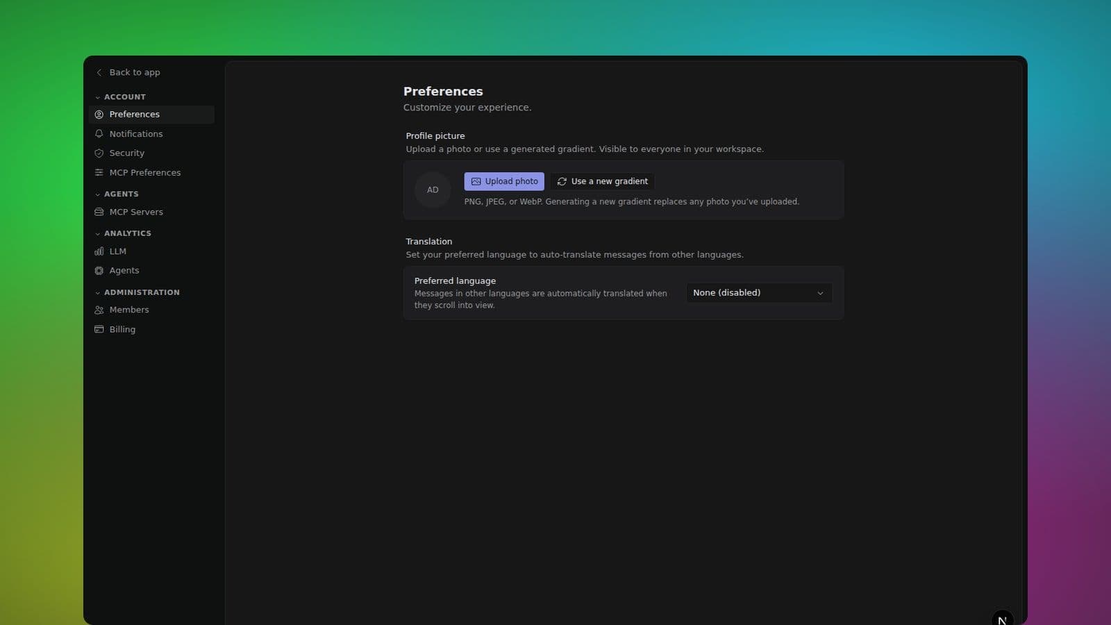 Preferences page with profile picture and translation language settings