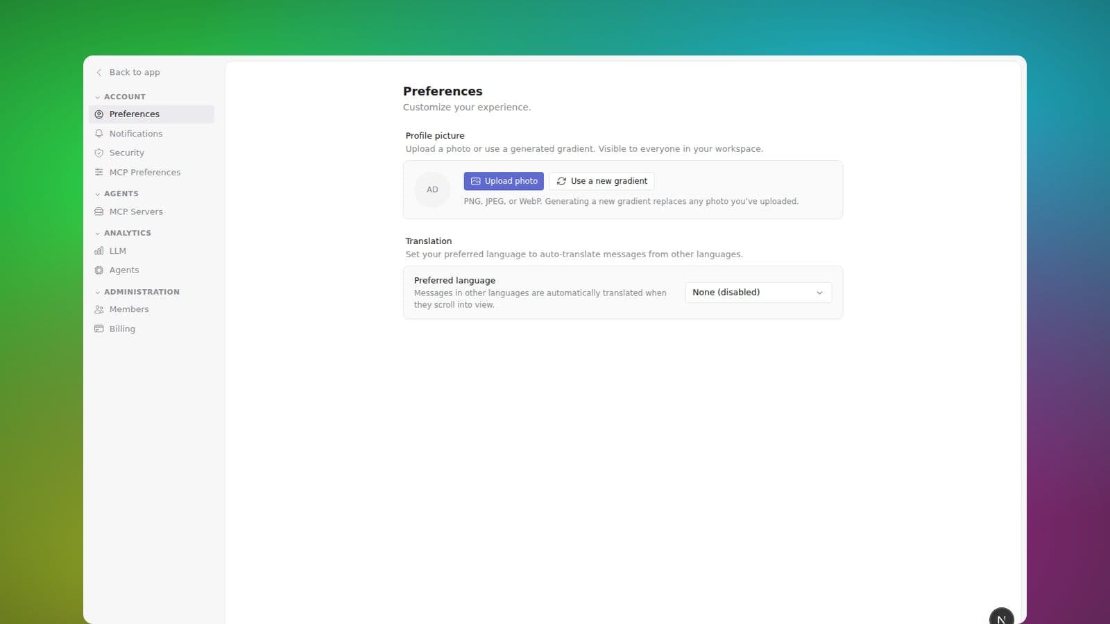 Preferences page with profile picture and translation language settings